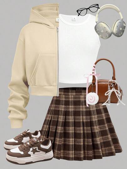 SHEIN Girlism 3pcs Set For Teen Girls: Apricot Zip-Up Hoodie, Loose Knit Vest, And Brown Plaid Pleated Skirt, Casual School Outfit