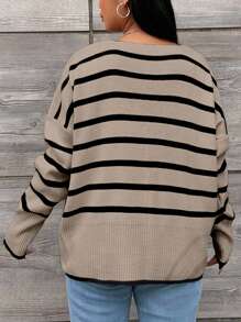 EURMUSE Plus Size Colorblock Striped Casual Sweater, Autumn/Winter - Mocha Brown - View 2