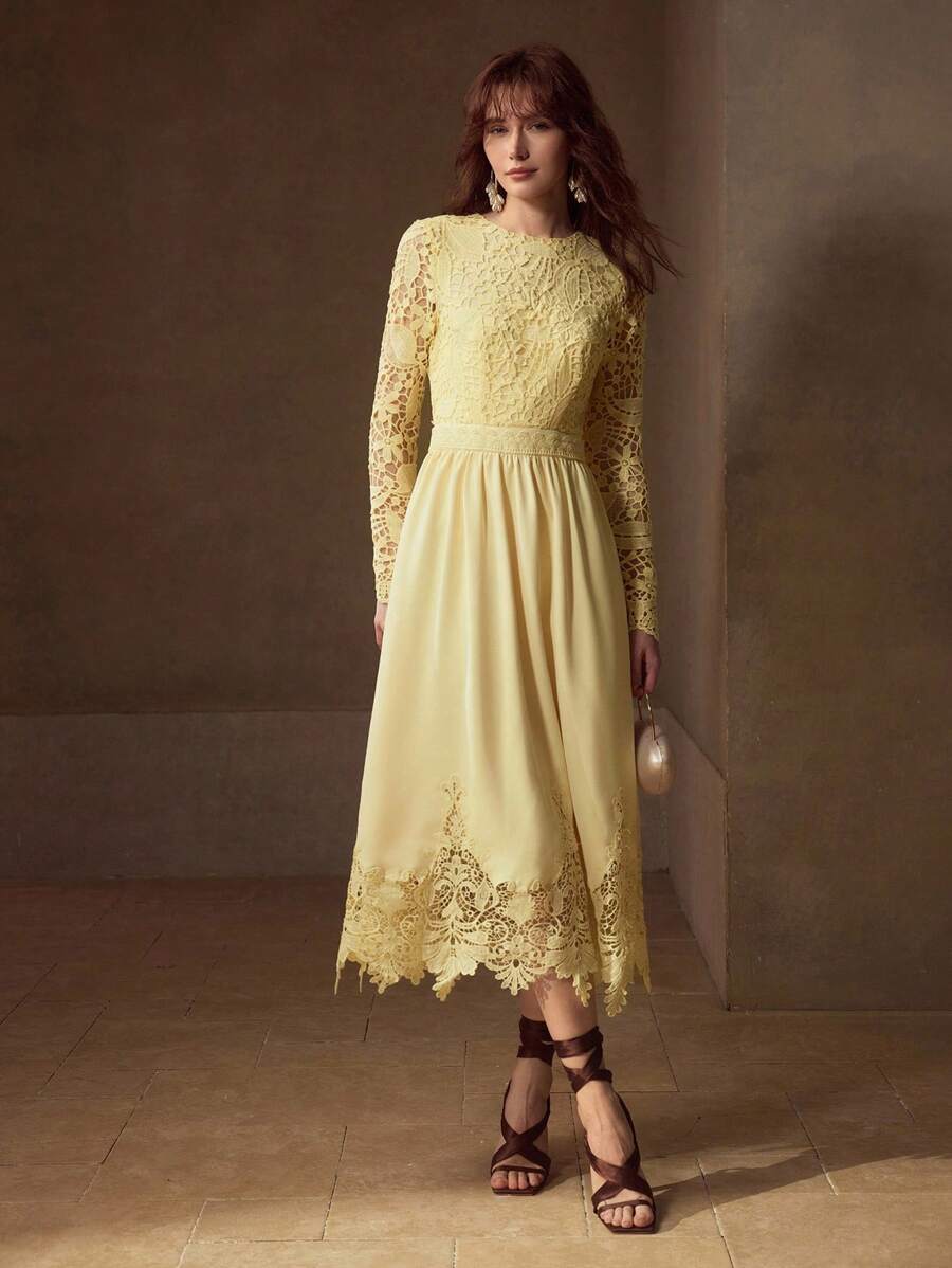 MOTF PREMIUM GUIPURE LACE PANEL ZIPPER BACK FLARE HEM DRESS - Yellow - View 1