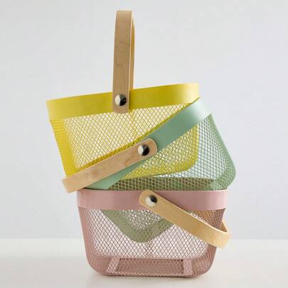 1 cái Giỏ đựng đồ màu hồng vàng xanh lá cây có tay cầm bằng gỗ, tay cầm bằng sắt, nghệ thuật rỗng, đựng quần áo gia đình, giỏ đựng trái cây và rau quả, lưu trữ ngoài trời, di động