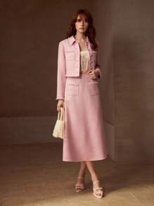 MOTF PREMIUM FAUX PEARL TRIM BUTTON UP JACKET - Pink - View 3