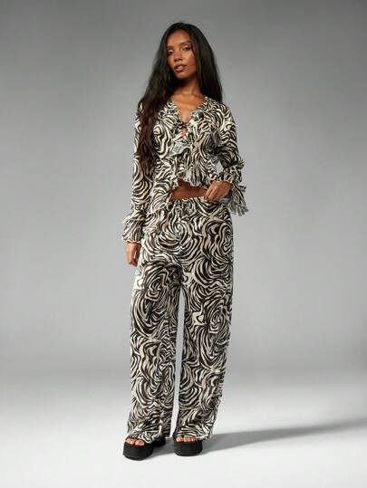 MISSGUIDED Ruffle Long Sleeve Top With Wide Leg Pants｜MISSGUIDED