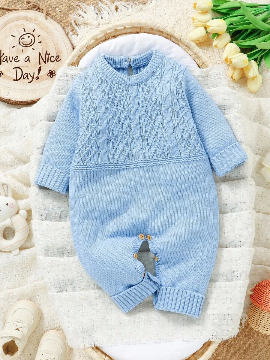 SHEIN Barboteuse tricotée bleu décontractée pour bébés, combinaison une pièce à manches longues, portée quotidienne minimaliste et polyvalente, tenue de bébé confortable - Bleu azur - Voir 1