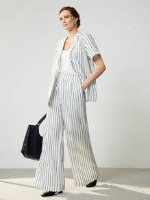 Uhlyne Fall Women Clothes 2pcs Women's Elevated Basic Fashion Set - Stylish Design Slim Fit Solid Color Casual/Work Outfit Striped Set Women Suit Set Striped Two Pieces Set Striped Pantsuit - Black and White - View 4