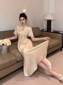 DAZY 1 chiếc váy dài vừa phải màu trơn có nơ và viền bèo nhún dành cho nữ, phong cách thanh lịch cho đầm dạ hội mùa hè - Màu be - Xem 3