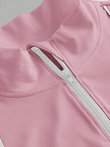 SHEIN Sports XH060 运动瑜伽瘦身跑步户外T恤女式运动上衣粉色健身上衣拉链健身上衣修身衬衫健身房衬衫 - 粉色 - 查看 3