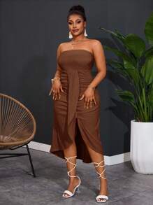 Slaydiva New Spring And Summer Casual Vacation Tube Top With Overlapping Pleat Design In The Front And Center, Curved Hem, Short Front And Long Back, Yellow Vertical Pattern Texture Women's Plus Long Dress,Homecoming Dress - Brown - View 7