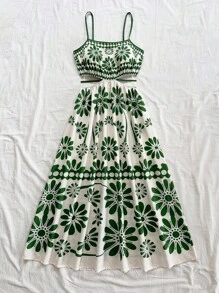 Dreamara 大码女式绿色热带花卉印花镂空系带腰部 A 字中长吊带连衣裙，度假装 - 綠色 - 查看 6