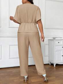 SHEIN Frenchy Bộ quần áo và áo liền quần họa tiết màu trơn đơn giản cỡ lớn mùa hè, trang phục công sở thường ngày cho nữ, trang phục ngày lễ cho nữ vào mùa thu/đông - Màu Khaki - Xem 5