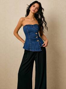 Poéselle Women's Denim Tops Asymmetrical Structure Metal Button Placket Women's Tops Blue Tops Women's Denim Women's Tube Tops Denim Tube Tops Elegant Women's Summer Fashion Street Front Button Asymmetric Hem Tube Top Denim Blouse, Old Money Back To School Country Concert Business Casual Woman Going Out Tops Wedding Guest Women Y2k Cute Western For Women Office For Women Work Going Out