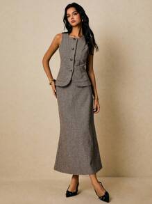 Poéselle 女式复古全印花纽扣前背心和迷你裙套装，夏季 - 棕色 - 查看 5