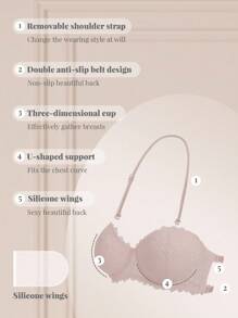 1pc Lace Back-Exposed Sports Lingerie Bra For Small Bust Women, Underwire, Gather, Non-Slip, Invisible Straps - Pink - View 3