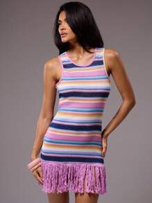 MUSERA 流苏下摆条纹圆领无袖迷你连衣裙 夏季伊比沙岛度假可爱节日海滩装 波西米亚风 度假约会之夜 外出生日晚宴 - 粉色 - 查看 1