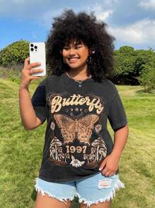 SHEIN EZwear Plus Size Acid Washed Look Vintage Knitted Distressed Loose Fit Knit Butterfly Cartoon Pattern Short Sleeve T-Shirt - Multicolor - View 3