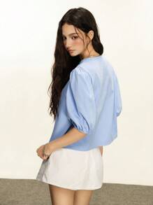 INAWLY 夏季休闲纯色简约泡泡袖衬衫，可爱上衣 - 藍色 - 查看 2