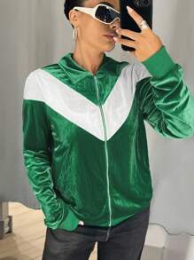 SHEIN ICON Women's Going Out Green Back To School Preppy Casual Colorblocked Patchwork Jacket, Spring/Autumn - Green - View 14