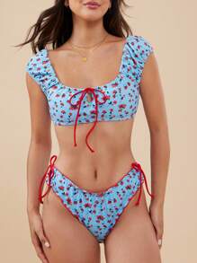 WESTFADE Floral Print Mid Rise High Cut Leg Semi Cheeky Coverage Adjustable Bow Tie Side Bikini Bottoms Summer Beach Vacation - Blue - View 2