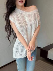 Celisse Spring/Summer Round Neck Asymmetrical Crochet Sleeveless Knitted Cardigan For Women - Apricot - View 7