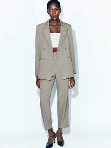 Maija 女士纯色泼墨印花翻领长袖双排扣夹克和裤子两件套休闲西装套装女式西装女式裤装西装外套套装女式西装两件套女式两件套商务休闲女装，秋季女装 - 卡其色 - 查看 1