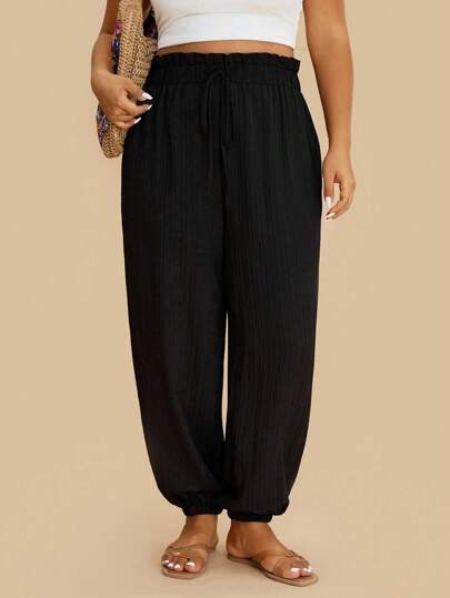 SHEIN VCAY Long Plain Black Casual Paperbag Waist Plus Size Harem Pants In Soft Knitted Fabric