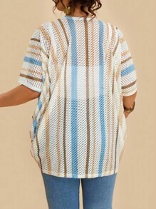 SHEIN VCAY Plus Size Women Striped Floral Print Jacket, Lace Striped Floral Print Batwing Sleeve Loose O-Type Cover Up Vacation Holiday Beach Summer City Break Boho Chic Travel Airport Going Out Country Old Money Vintage Women, Tulum, Teacher Back To School Fall Women Autumn - Multicolor - View 6