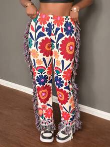 Slaydiva 2025秋冬新品/女装秋装/万圣节/女装秋冬新款春夏街头流苏标语童趣图案全身印花黑底玫红色针织女打底裤 - 紅色 - 查看 1