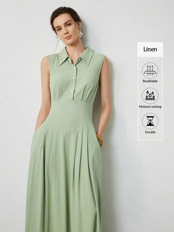  Uhlyne Women's Linen Elegant Collar Tied Button Flared Hem Pocket Ruffle Hem Long Dress, Summer, Autumn,Mint Green,Minimalist,Work Wear,Teacher Outfits,Back To School,Fall ,Neutral Clothes,Business Casual,Old Money Style Light Green Dress Women Collared Dress Linen Dress Green Collared Dress Sage Green Dress Summer Dress