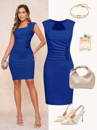 Ellevyn Women Elegant Solid Color 3D Floral Sleeveless Fitted Short Dress