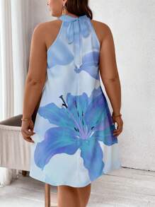 SHEIN Clasi Floral Print Neck-Tied Loose Short Dress, Plus Size, Suitable For Summer Suitable For Going Out - Multicolor - View 2