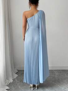 Elenzga Elegant Ladies' Asymmetrical Pleated Collar Dress - Blue - View 2