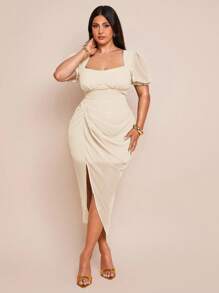 SHEIN BAE 大码女式绿色雪纺褶饰高开衩无袖连衣裙，短袖连衣裙，春夏