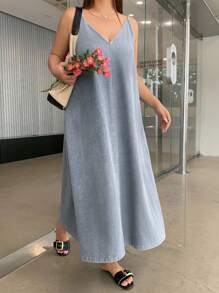 Dazy Plus Light Blue Washed Loose A-Line Denim Slip Dress, Summer Vacation Style - Light Wash - View 1