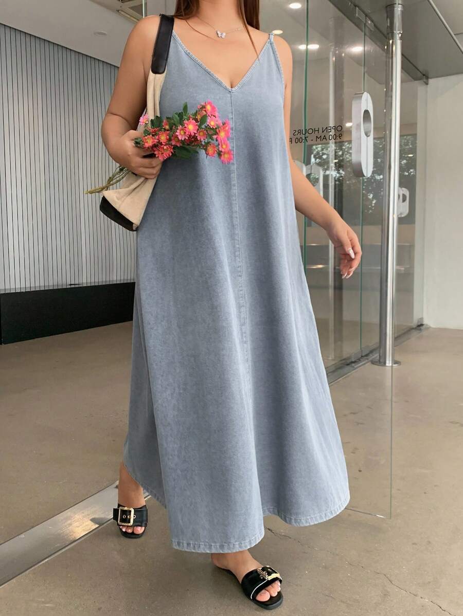 Dazy Plus Light Blue Washed Loose A-Line Denim Slip Dress, Summer Vacation Style - Light Wash - View 1