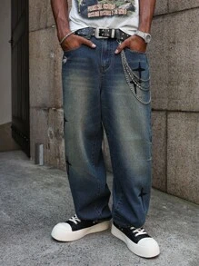 Major Grit Manfinity Streetrush Korean Style Straight Leg Loose Jeans With Embroidery, Street Fashion Men Baggy Jeans - Blue - View 5