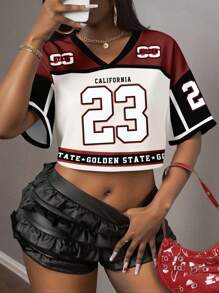 Slaydiva 女士休闲 V 领宽松短款 5 袖网眼 T 恤，印有数字 23，适合运动夏季 - 彩色 - 查看 3