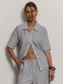 MUSERA 条纹针织宽松纽扣衬衫，可爱假日休闲性感优雅沙滩风上衣，仅限女士办公室着装，返校季秋季优雅职场穿搭。