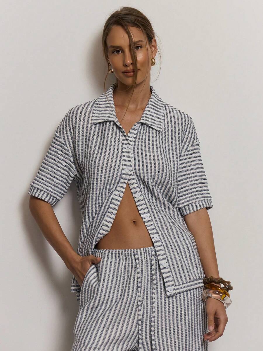 MUSERA 条纹针织宽松纽扣衬衫，可爱假日休闲性感优雅沙滩风上衣，仅限女士办公室着装，返校季秋季优雅职场穿搭。