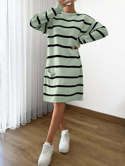 EURMUSE Women Striped Knit Design Knit Dress With Pocket And Button Details,Petite