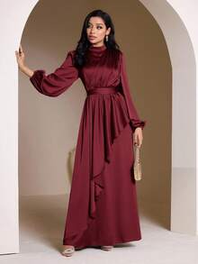 Veilorie 女士优雅纯色灯笼袖超长连衣裙 - 酒紅色 - 查看 6
