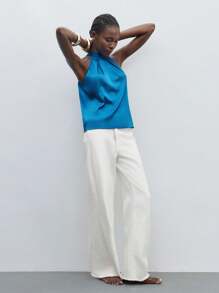 Maija Tie Back Satin Halter Neck Blouse Workwear,Sleeveless Tops,Autumn Outfits For Women - Teal Blue - View 4