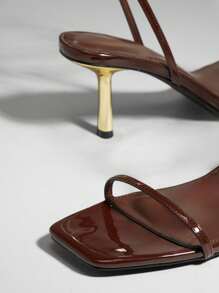 SHUZIA 热销女士优雅巧克力色PU踝扣带方头中跟派对春夏高跟舞蹈凉鞋 - 巧克力棕 - 查看 6