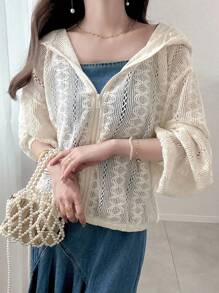 FRIFUL 女士连帽落肩长袖拉链下摆蕾丝透视宽松休闲常规外套，适合外出、机场旅行、度假等场合。 - 白色 - 查看 4