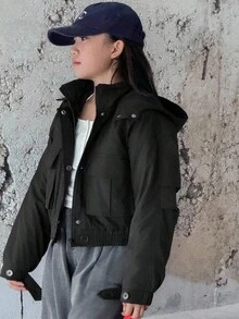 DAZY Tween Girls Hooded Solid Color Utility Pocket Padded Coat Winter - Black - View 2