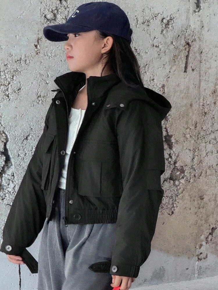 Tween Girls Hooded Solid Color Utility Pocket Padded Coat Winter