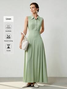 Uhlyne 女式优雅领口系带纽扣喇叭下摆口袋荷叶边下摆长款连衣裙，夏季 - 灰綠 - 查看 3