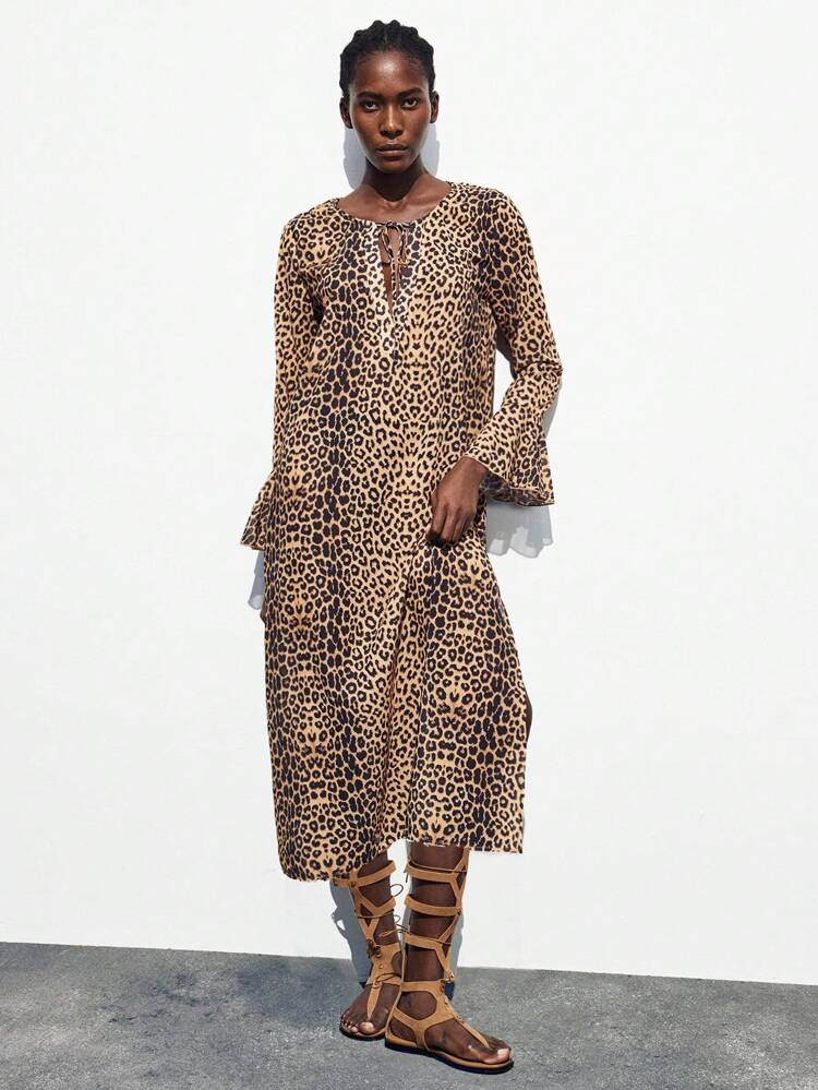 SHEIN Maija Women's Vacation Leopard Print Tie Neck Flare Sleeve Chiffon Dress, Vintage, Western Wear Women