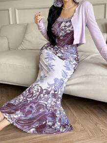 Feyla 2件套蕾丝印花修身防晒套装 - 紫色 - 查看 4