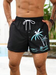 Manfinity Swimmode Quần short nam màu đen, chất liệu vải dệt, họa tiết nhiệt đới, kiểu dáng thường ngày, có dây rút và túi. - màu đen - Xem 3