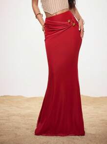 Shutterstock Glamance Women's Solid Color Pleated Design Mermaid Hem Maxi Elegant Skirt Red Maxi Skirt Long Red Skirt Red Mermaid Skirt Red Long Skirt Y2K 2000s Back To School Fall And Winter Club Outfits Women Sexy Date Night Outfits Women