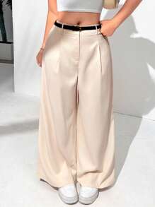 SHEIN EZwear 夏季大码米色系带阔腿休闲裤 - 杏色 - 查看 7